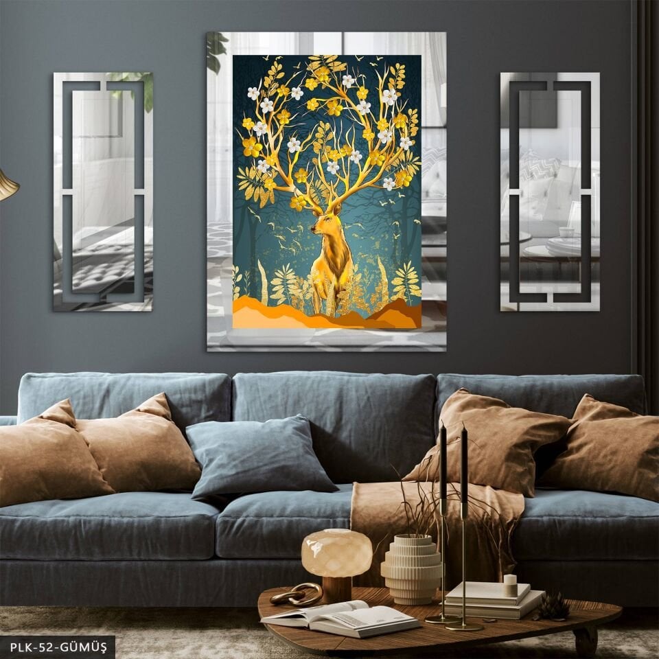 Gold Geyik Yan Dekorlu 3 Parça Pleksi Tablo DKRPLK Gümüş - 110 x 80 CM