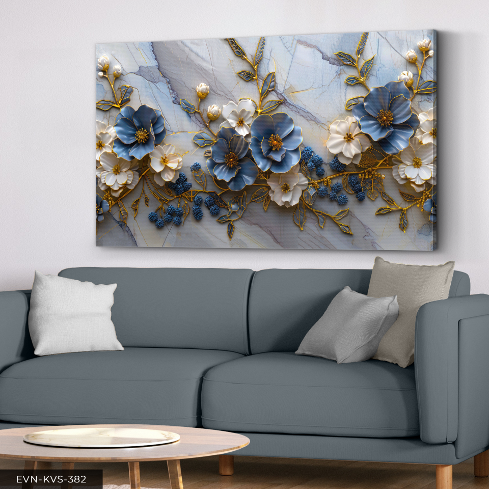 Mavi Beyaz Çiçekler Tek Parça Kanvas - Canvas Tablo 140 x 90 CM - Çok Renkli