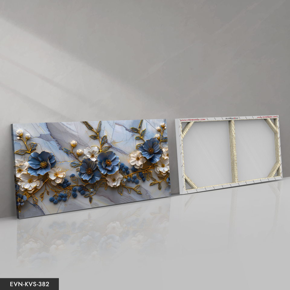 Mavi Beyaz Çiçekler Tek Parça Kanvas - Canvas Tablo 140 x 90 CM - Çok Renkli
