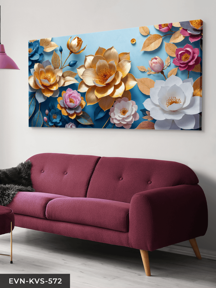 Dokulu Görünüm Renkli Çiçekler Tek Parça Kanvas - Canvas Tablo 65 x 45 CM - Çok Renkli