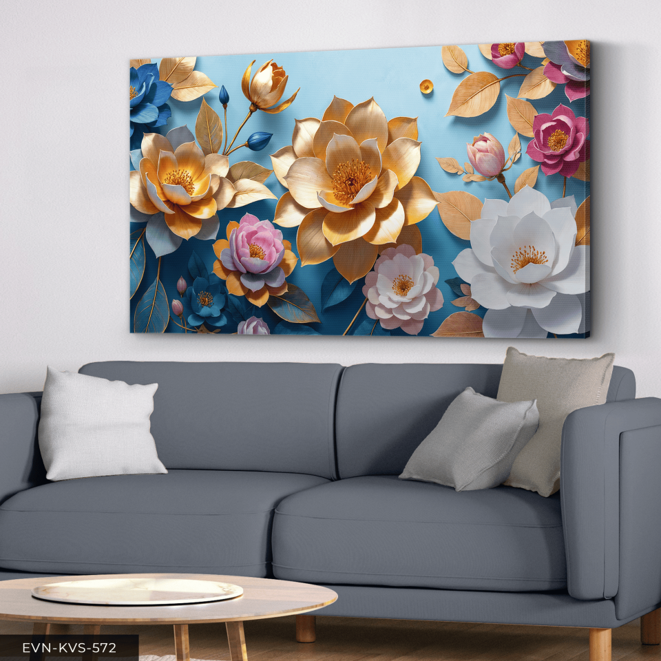 Dokulu Görünüm Renkli Çiçekler Tek Parça Kanvas - Canvas Tablo 65 x 45 CM - Çok Renkli