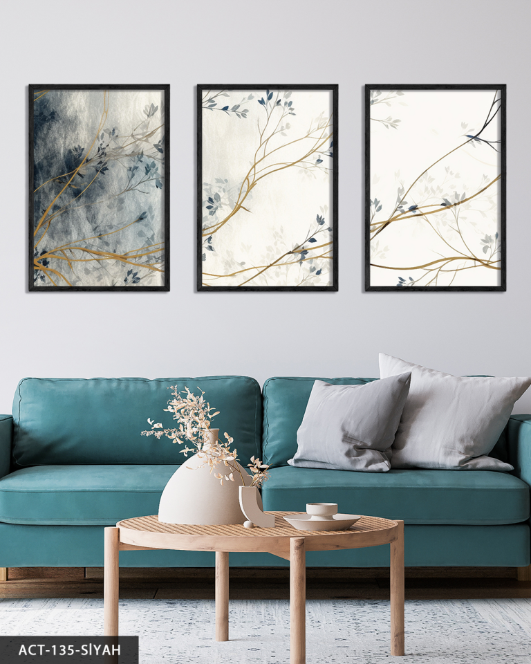 Mavi Çiçekli Ağaç 3 Parça Ahşap Çerçeveli Tablo ACT Siyah - 30 x 40 CM