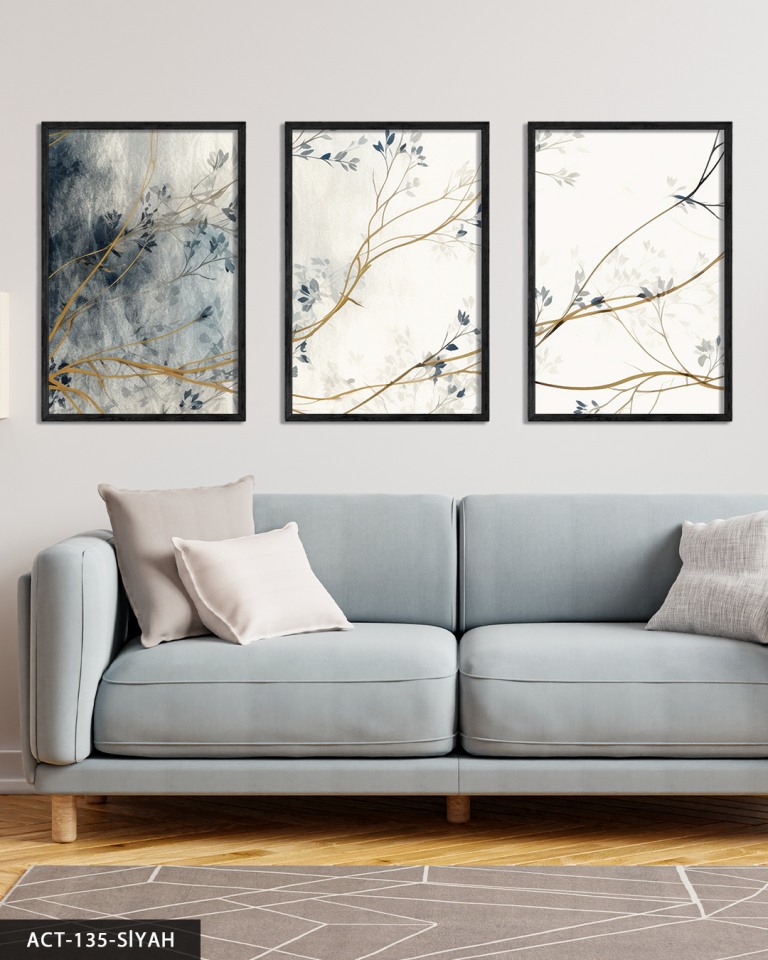 Mavi Çiçekli Ağaç 3 Parça Ahşap Çerçeveli Tablo ACT Siyah - 30 x 40 CM