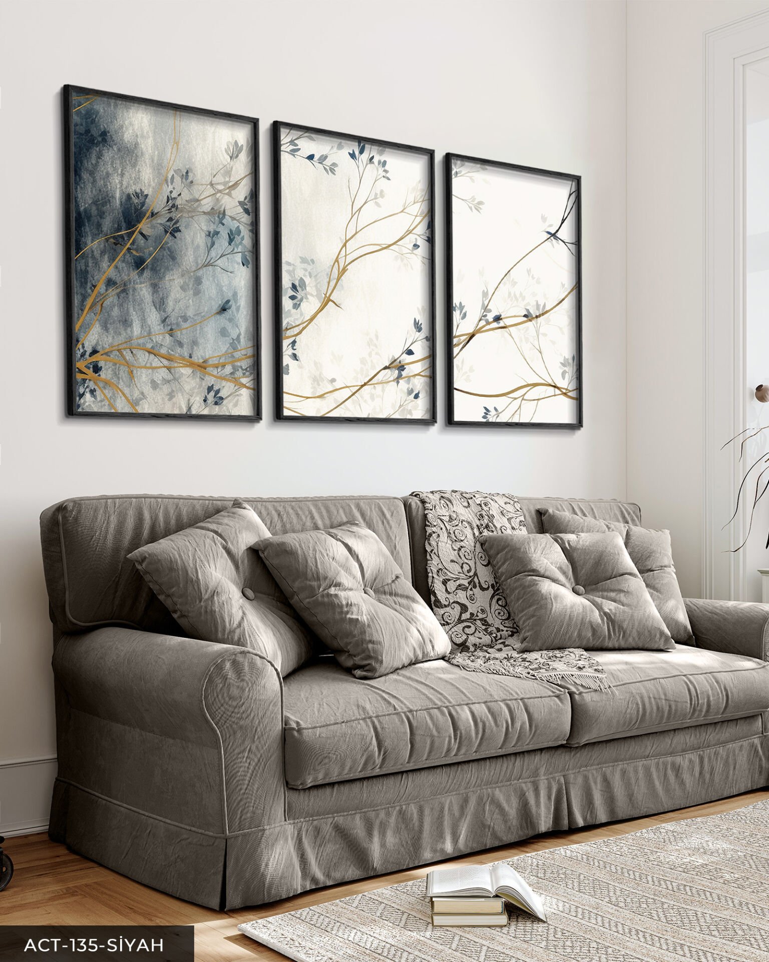 Mavi Çiçekli Ağaç 3 Parça Ahşap Çerçeveli Tablo ACT Siyah - 30 x 40 CM