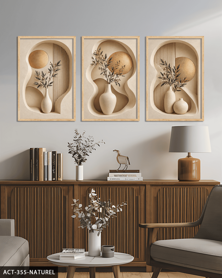 Gold Daire ve Vazoda Bitki 3 Parça Ahşap Çerçeveli Tablo ACT Naturel - 30 x 40 CM
