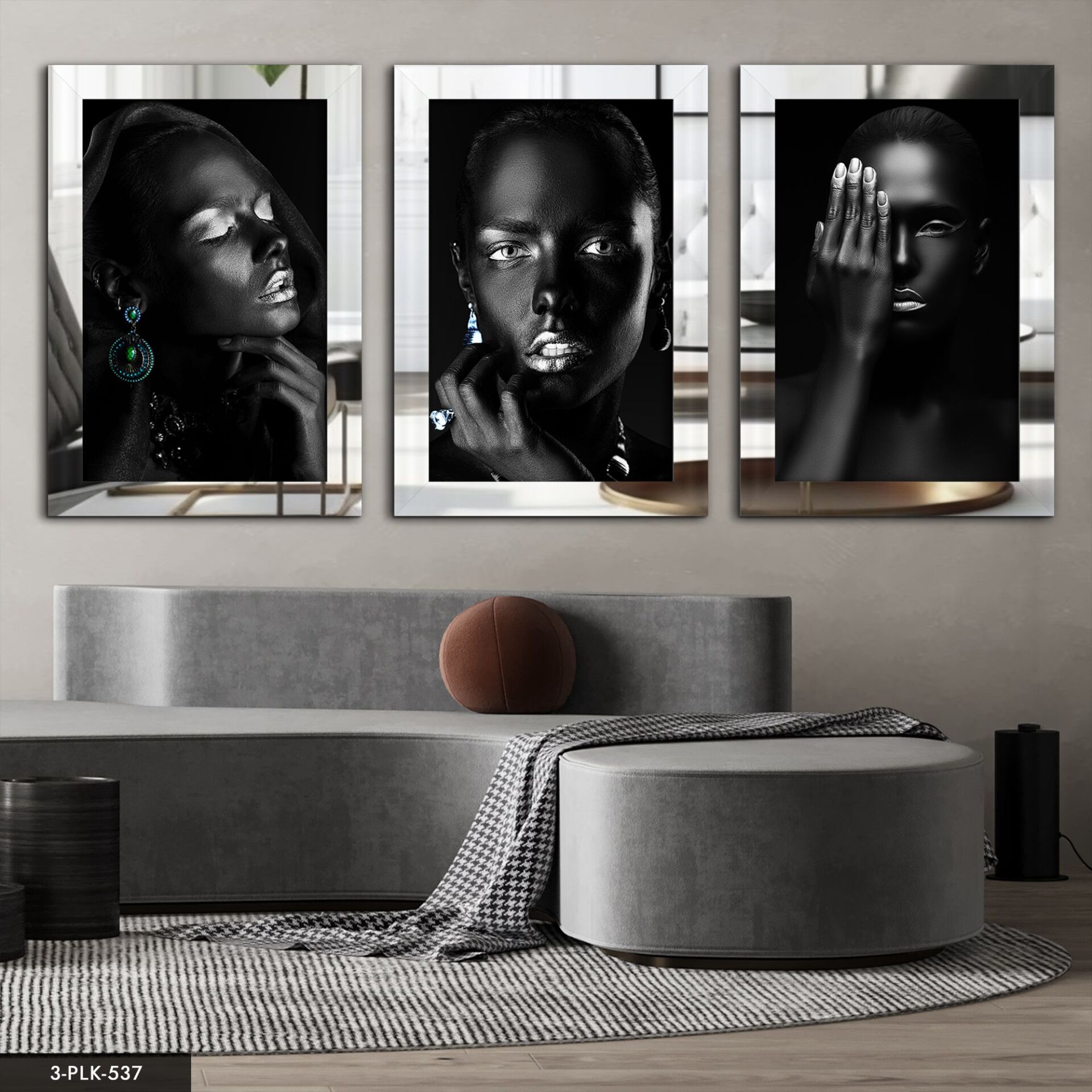 Afrikalı Kadınlar 3 Parça Pleksi Aynalı Tablo 60 x 80 CM - Gümüş