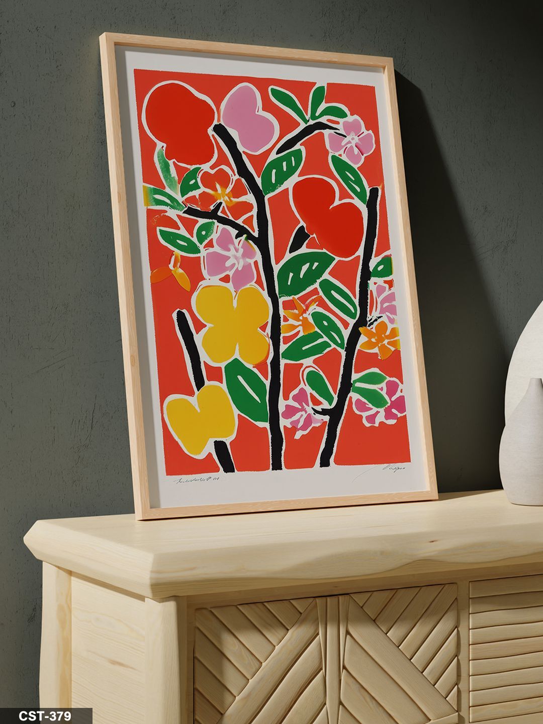 Kırmızı Zeminde Çiçek Tek Parça Ahşap Çerçeveli Tablo Naturel - 20 x 30 CM