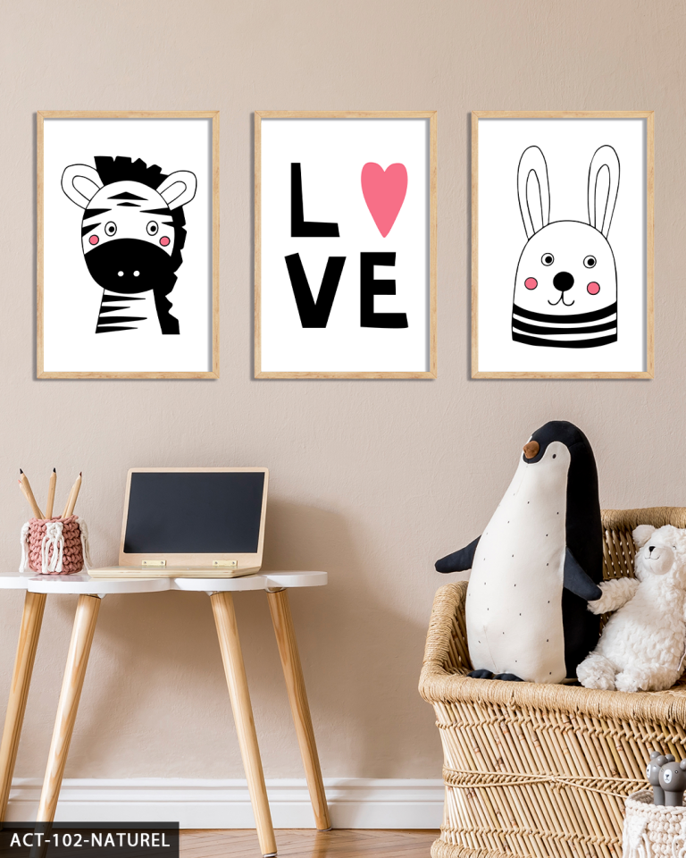 Hayvan Temalı Çocuk Odası 3 Parça Ahşap Çerçeveli Tablo ACT Naturel - 20 x 30 CM