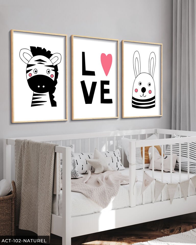 Hayvan Temalı Çocuk Odası 3 Parça Ahşap Çerçeveli Tablo ACT Naturel - 20 x 30 CM