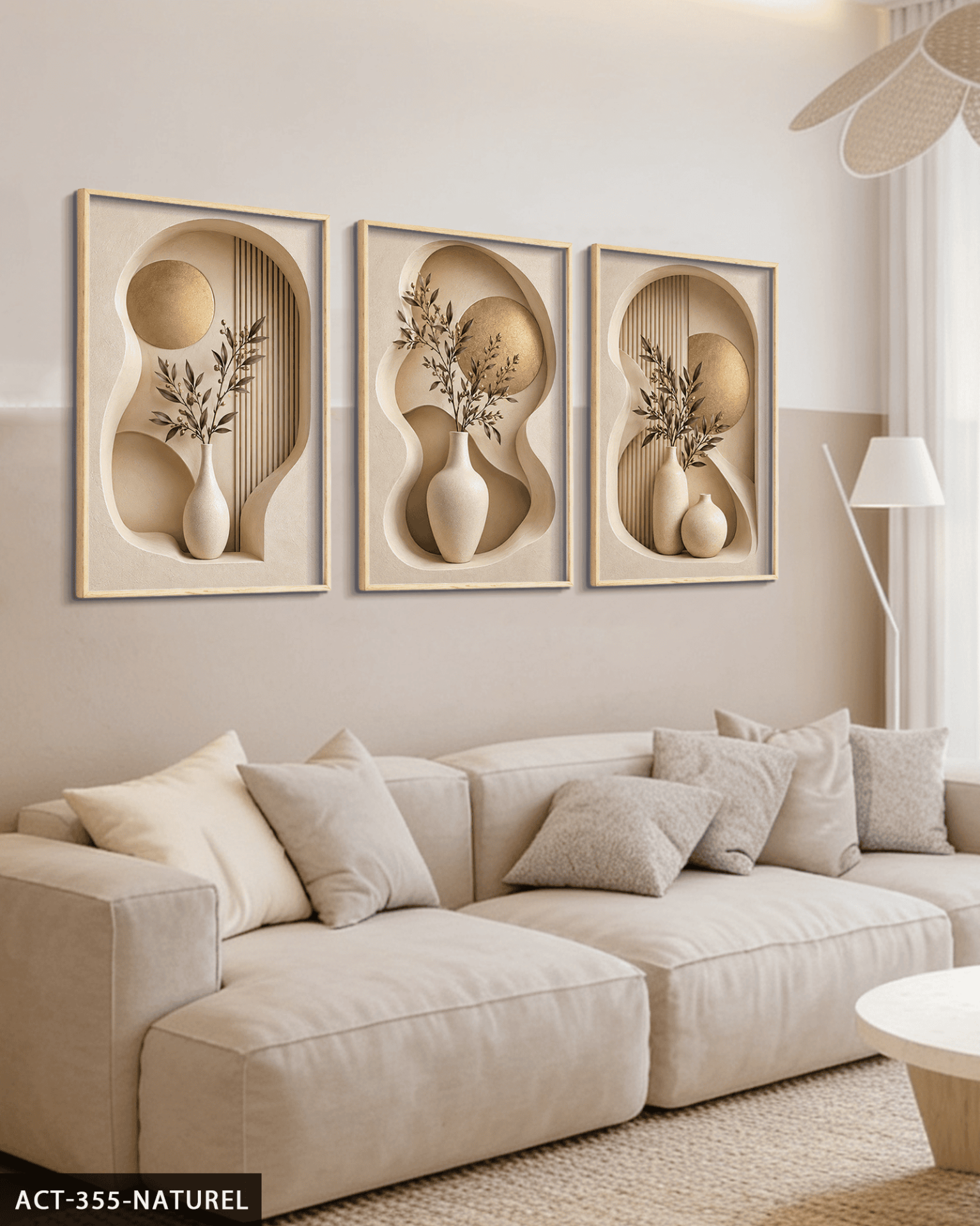 Gold Daire ve Vazoda Bitki 3 Parça Ahşap Çerçeveli Tablo ACT Naturel - 40 x 60 CM