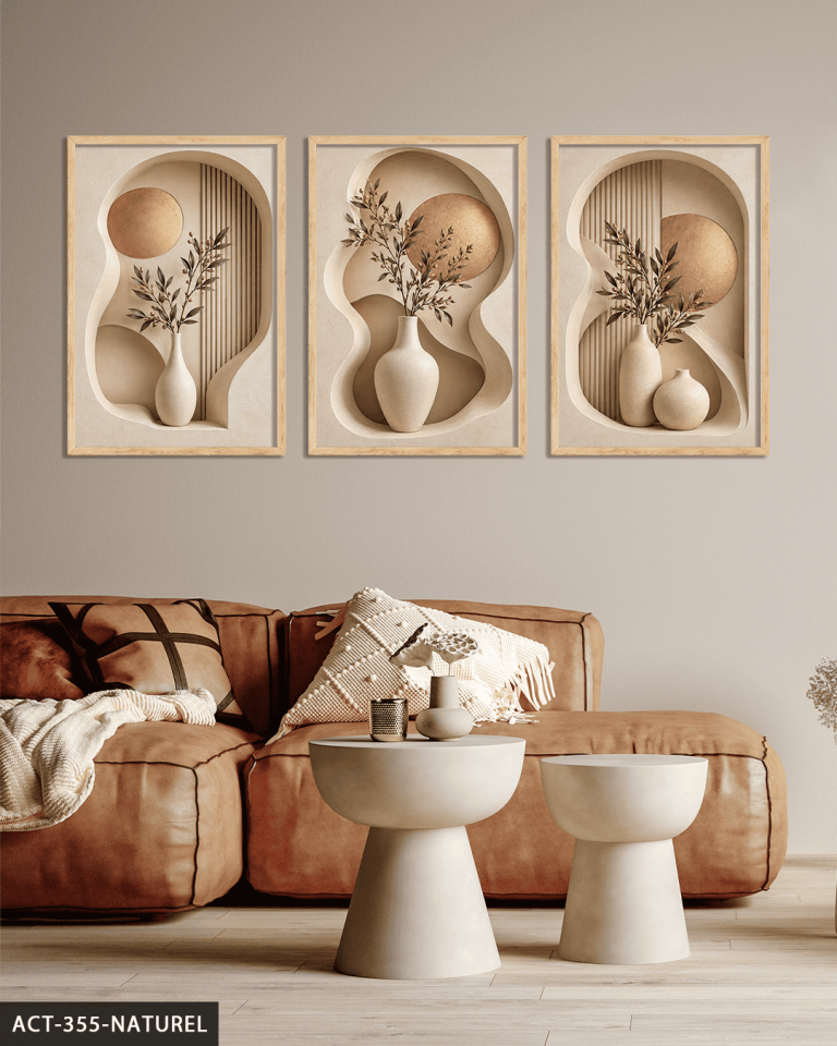 Gold Daire ve Vazoda Bitki 3 Parça Ahşap Çerçeveli Tablo ACT Naturel - 40 x 60 CM