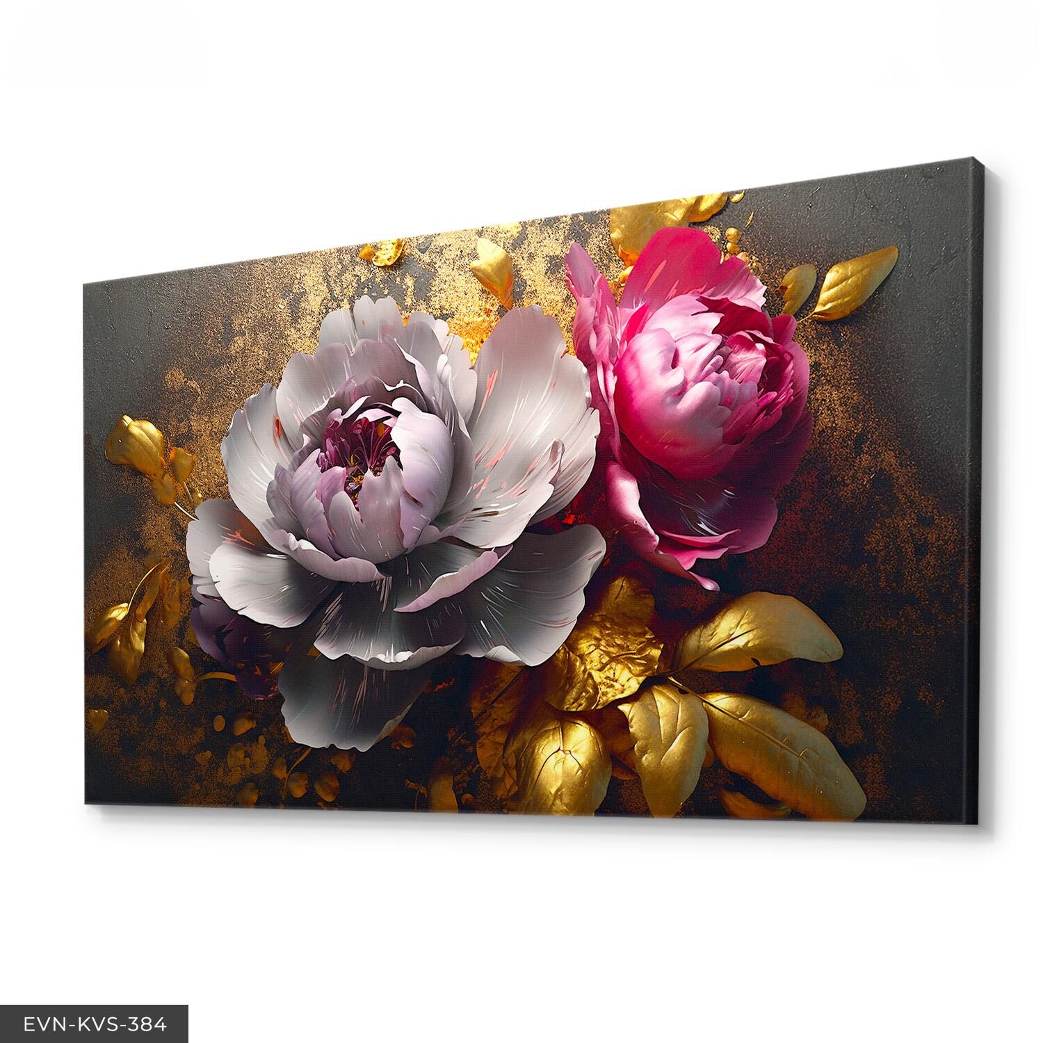 Gold Yapraklı Renkli Çiçekler Tek Parça Kanvas - Canvas Tablo 40 x 30 CM - Çok Renkli