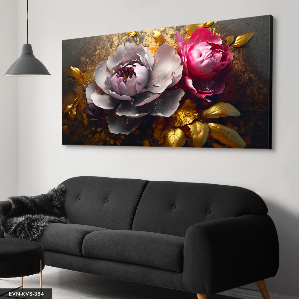 Gold Yapraklı Renkli Çiçekler Tek Parça Kanvas - Canvas Tablo 140 x 90 CM - Çok Renkli