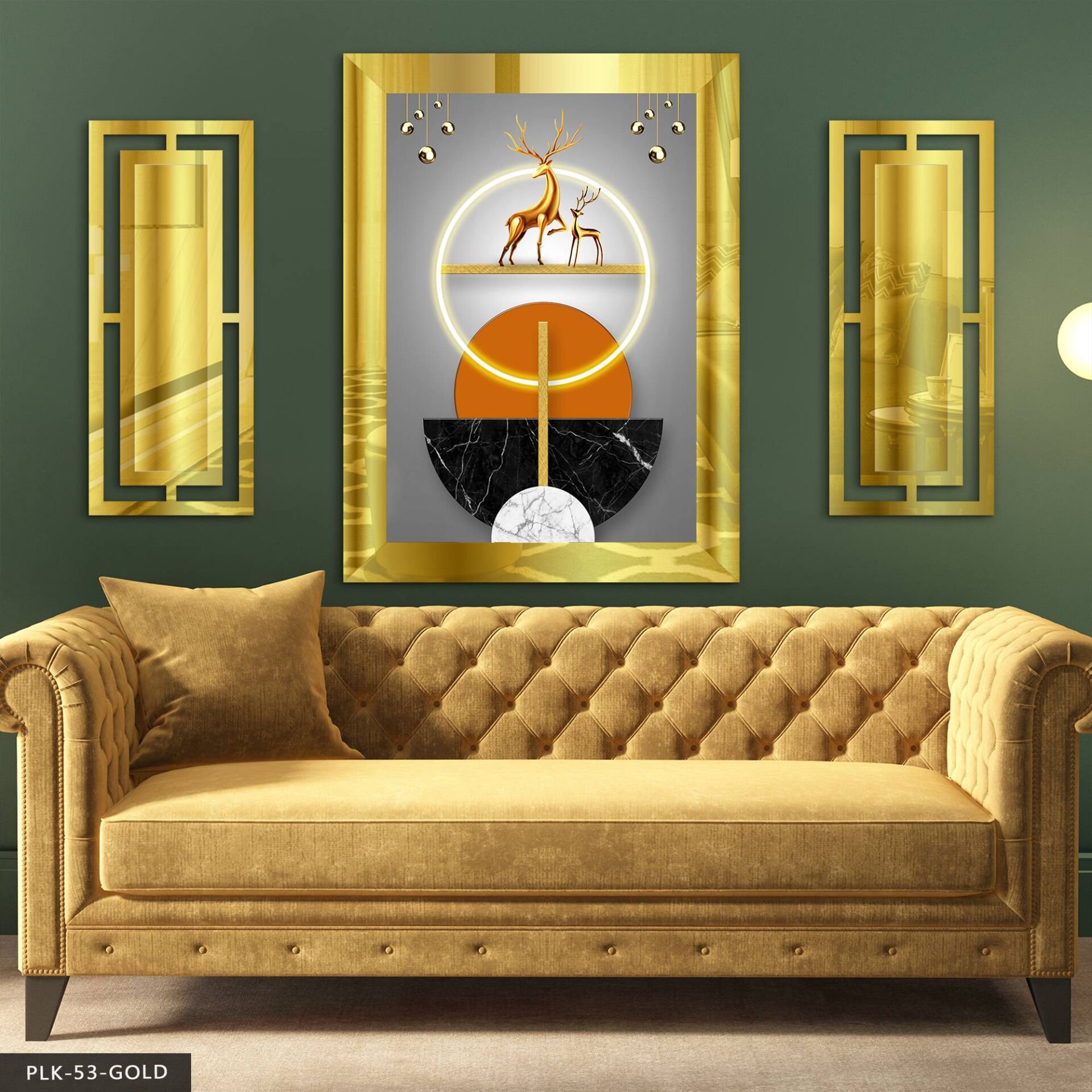Gold Geyik ve Daireler Yan Dekorlu 3 Parça Pleksi Tablo DKRPLK Gold - 110 x 80 CM