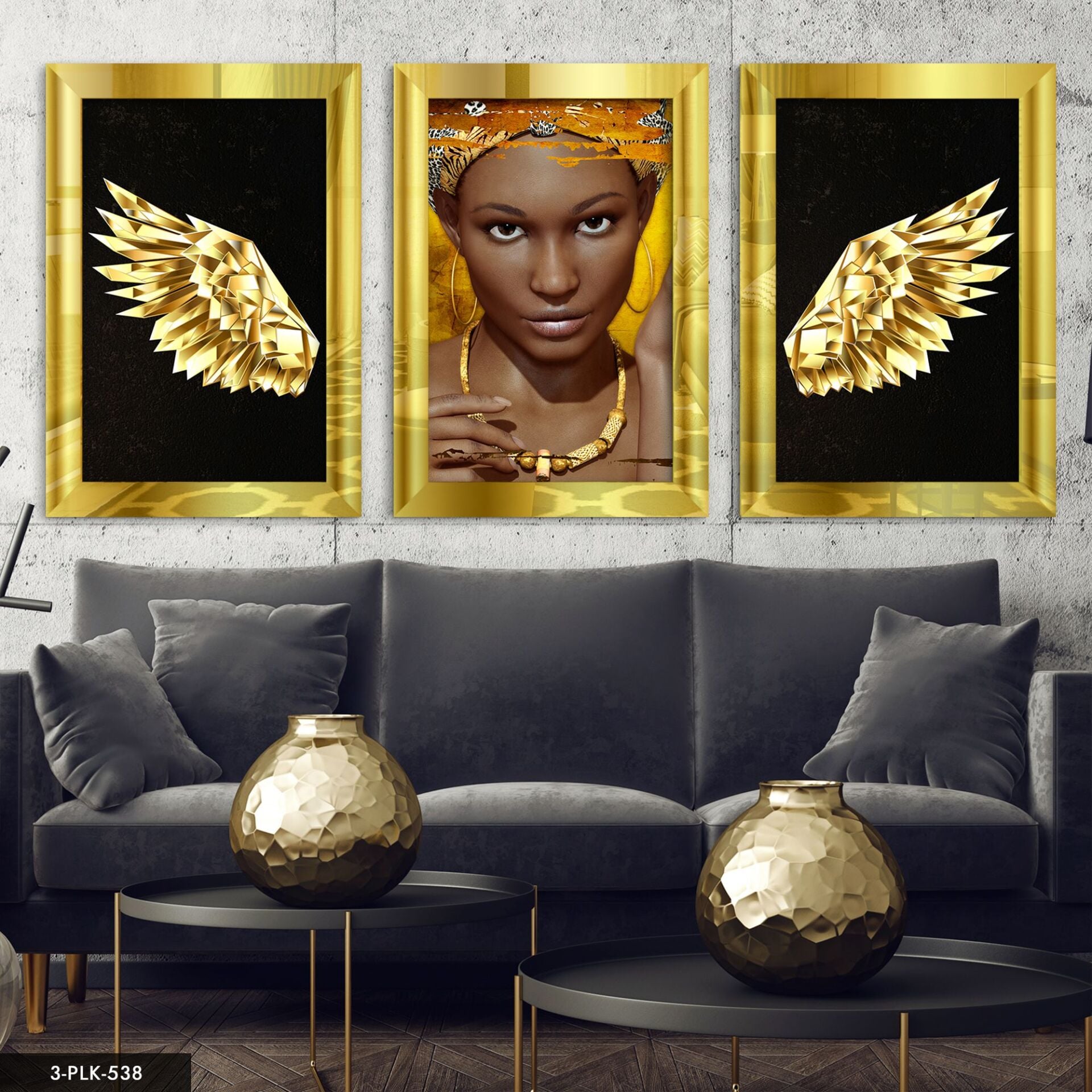 Melek Kanadı Afrikalı Kadın 3 Parça Pleksi Aynalı Tablo 60 x 80 CM - Gold