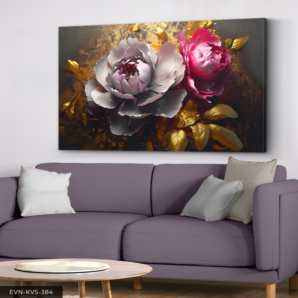 Gold Yapraklı Renkli Çiçekler Tek Parça Kanvas - Canvas Tablo 140 x 90 CM - Çok Renkli