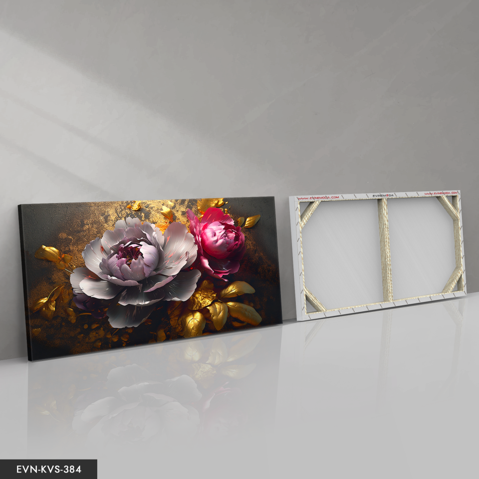 Gold Yapraklı Renkli Çiçekler Tek Parça Kanvas - Canvas Tablo 140 x 90 CM - Çok Renkli