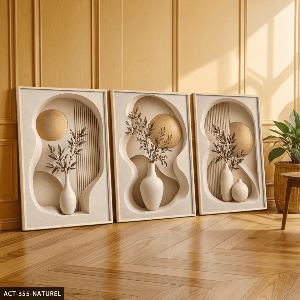 Gold Daire ve Vazoda Bitki 3 Parça Ahşap Çerçeveli Tablo ACT Naturel - 50 x 70 CM