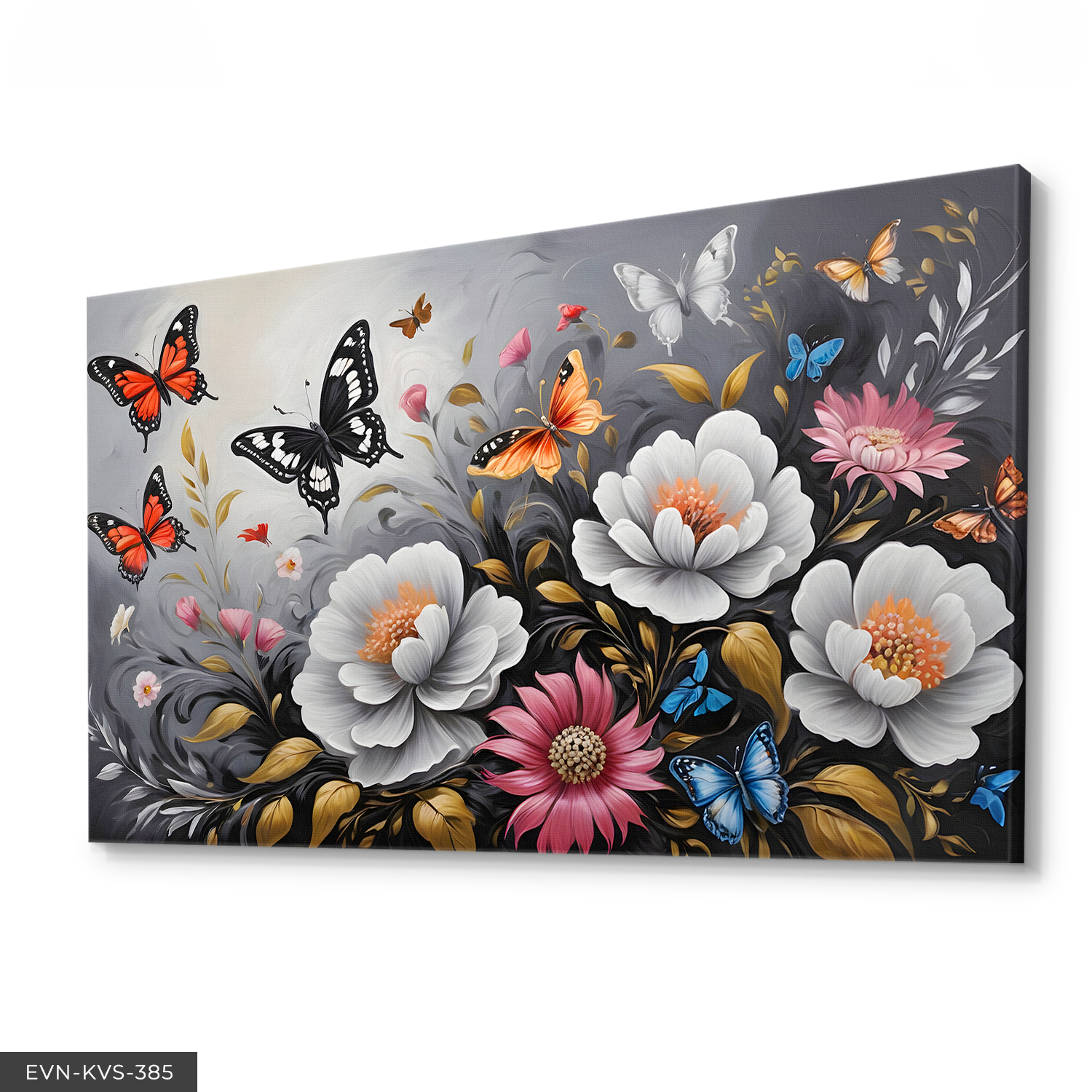 Renkli Çiçekler Ve Kelebekler Tek Parça Kanvas - Canvas Tablo 140 x 90 CM - Çok Renkli