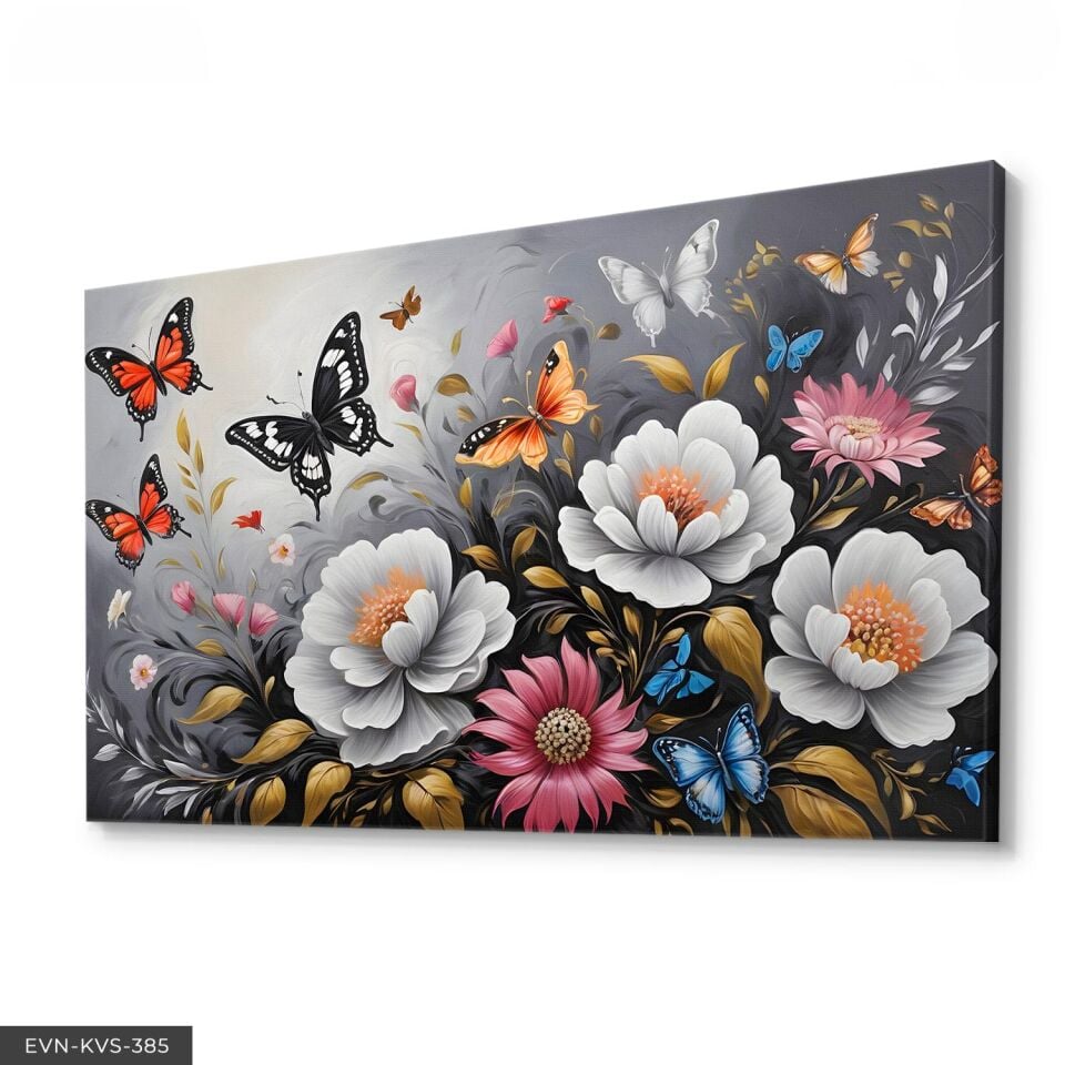 Renkli Çiçekler Ve Kelebekler Tek Parça Kanvas - Canvas Tablo 140 x 90 CM - Çok Renkli