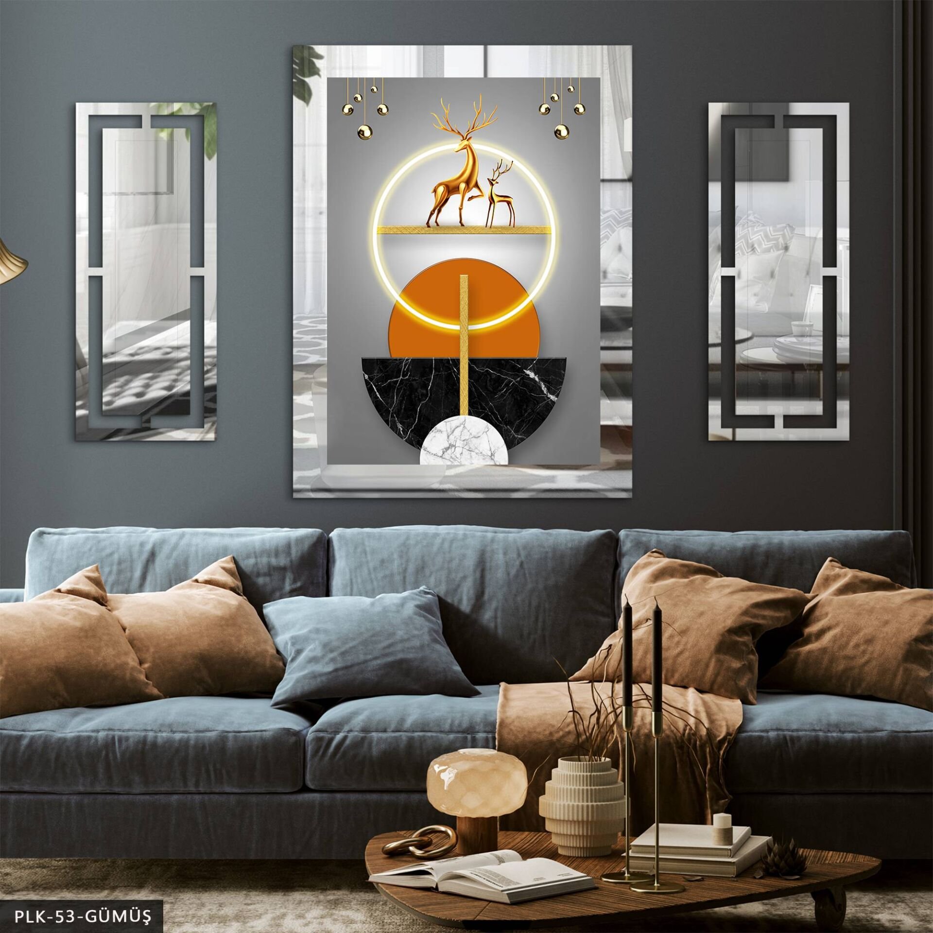 Gold Geyik ve Daireler Yan Dekorlu 3 Parça Pleksi Tablo DKRPLK Gümüş - 110 x 80 CM