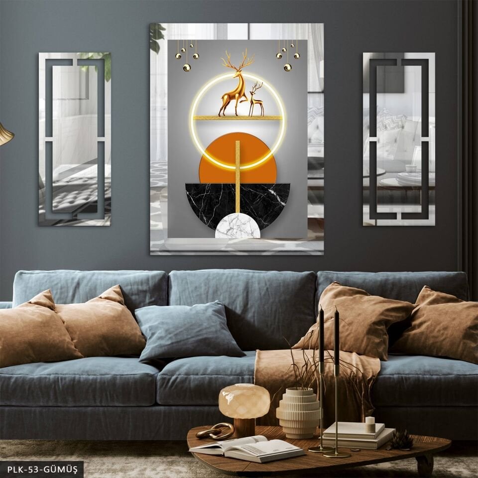 Gold Geyik ve Daireler Yan Dekorlu 3 Parça Pleksi Tablo DKRPLK Gümüş - 110 x 80 CM