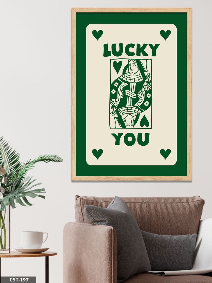 Yeşil ''LUCKY YOU'' kartı Tek Parça Ahşap Çerçeveli Tablo Naturel - 40 x 60 CM