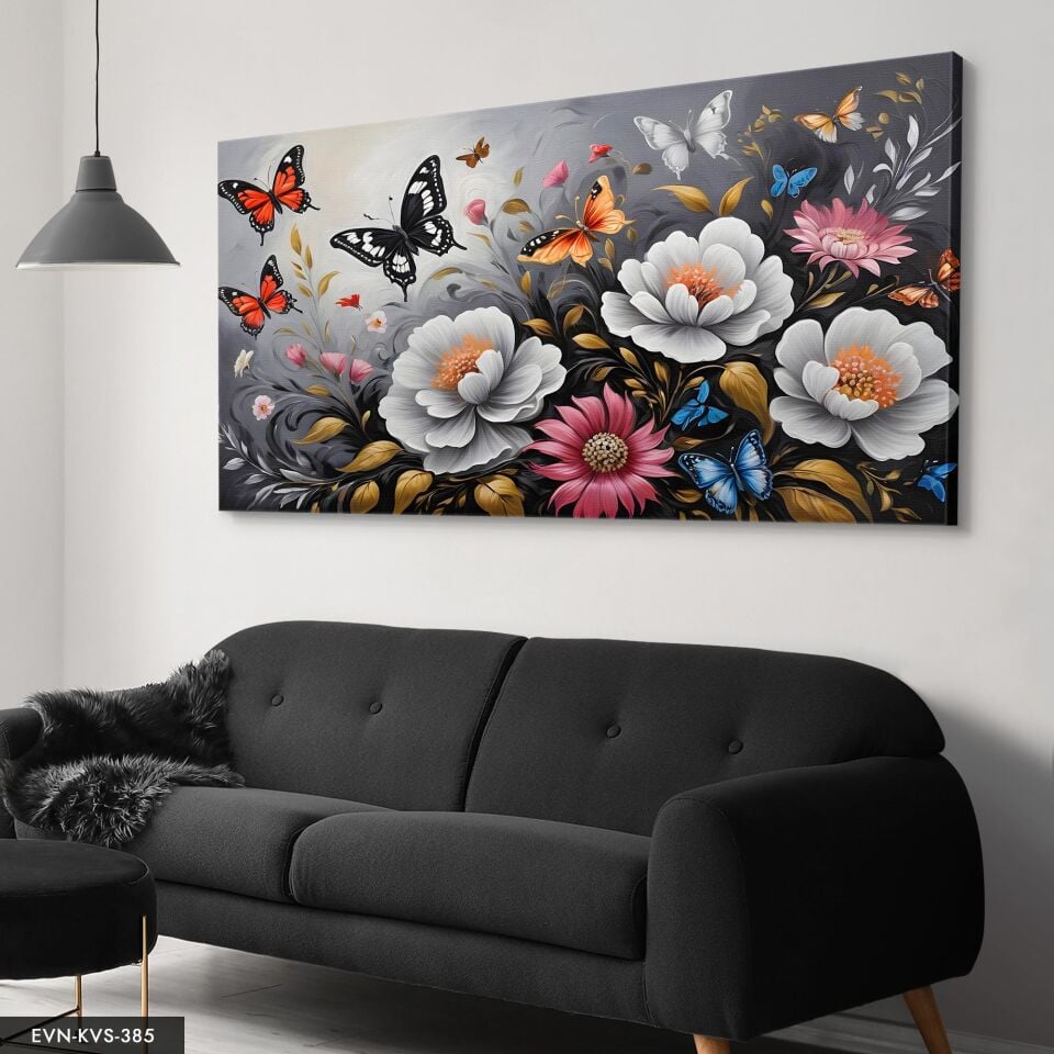 Renkli Çiçekler Ve Kelebekler Tek Parça Kanvas - Canvas Tablo 40 x 30 CM - Çok Renkli