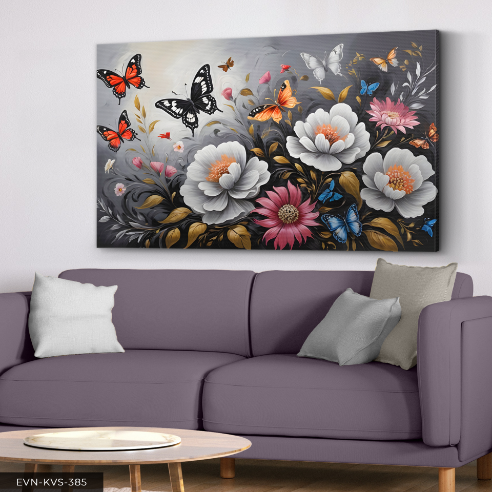 Renkli Çiçekler Ve Kelebekler Tek Parça Kanvas - Canvas Tablo 140 x 90 CM - Çok Renkli