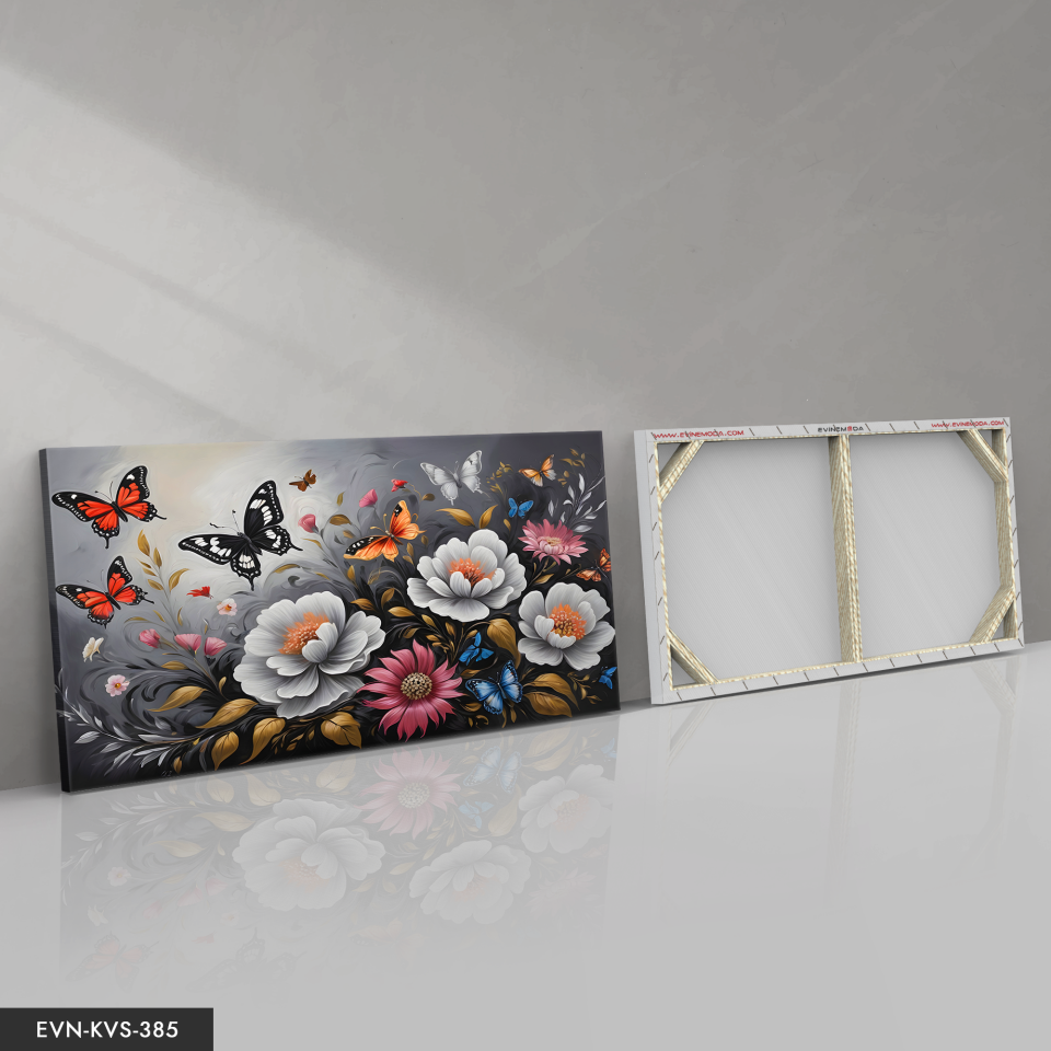 Renkli Çiçekler Ve Kelebekler Tek Parça Kanvas - Canvas Tablo 140 x 90 CM - Çok Renkli