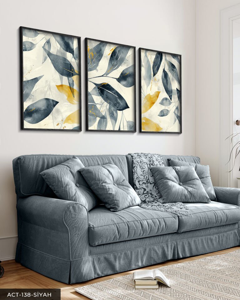 Boho Tarzı Lacivert ve Gold Yapraklar 3 Parça Ahşap Çerçeveli Tablo ACT Siyah - 30 x 40 CM