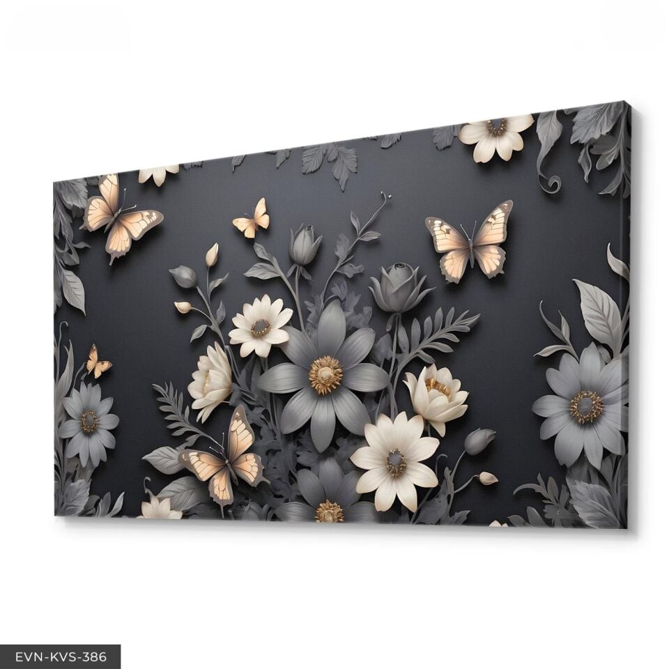 Kelebekler Ve Çiçekler Tek Parça Kanvas - Canvas Tablo