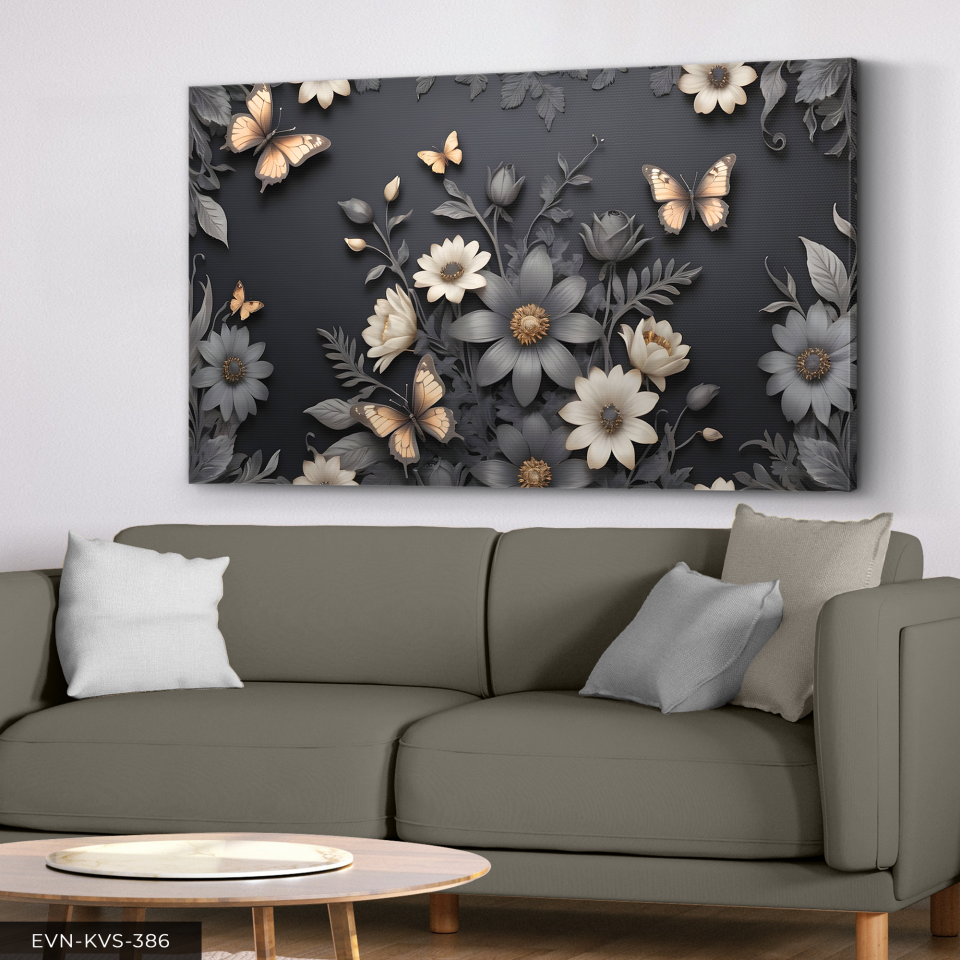 Kelebekler Ve Çiçekler Tek Parça Kanvas - Canvas Tablo 140 x 90 CM - Çok Renkli