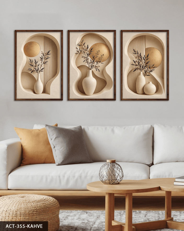 Gold Daire ve Vazoda Bitki 3 Parça Ahşap Çerçeveli Tablo ACT Kahverengi - 40 x 60 CM