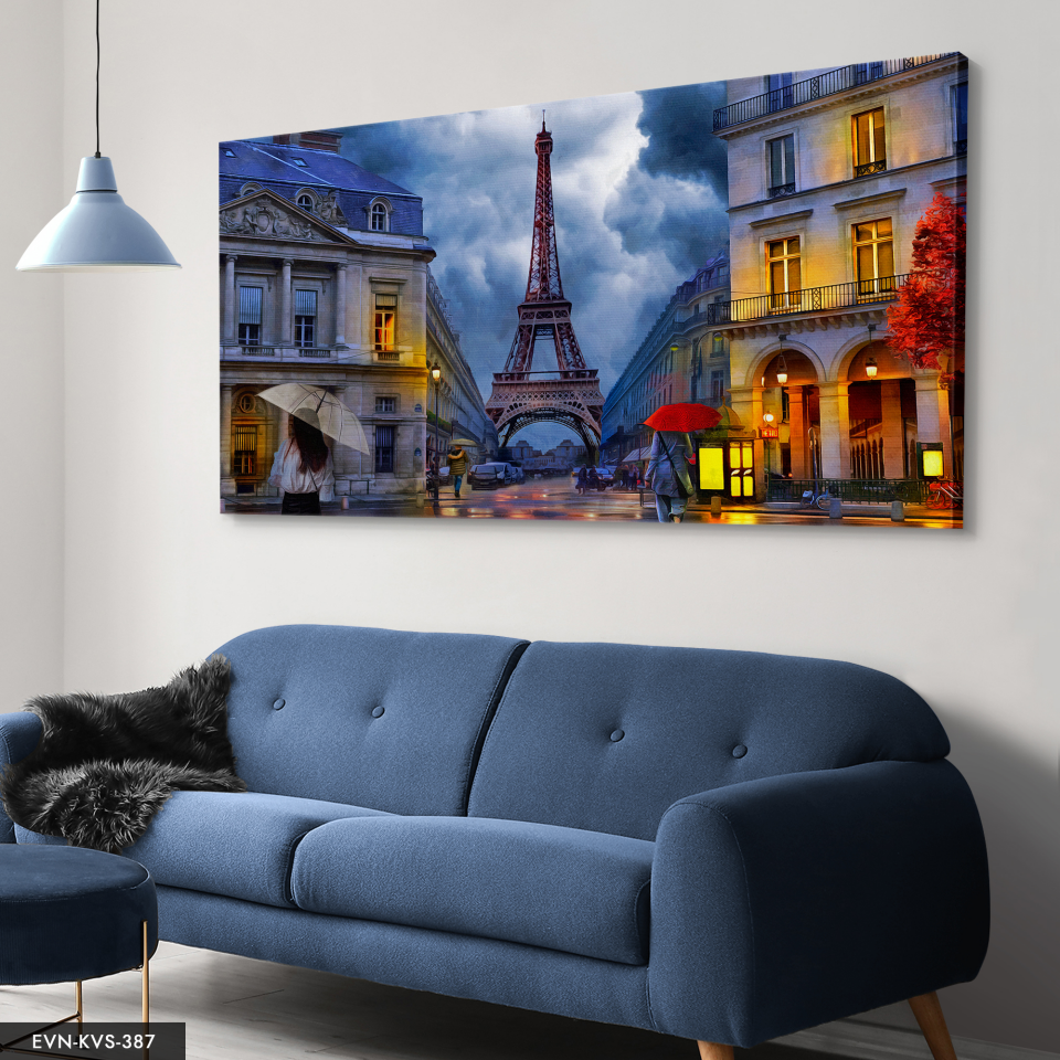 Eyfel Kulesi Sokak Manzarası Tek Parça Kanvas - Canvas Tablo 140 x 90 CM - Çok Renkli