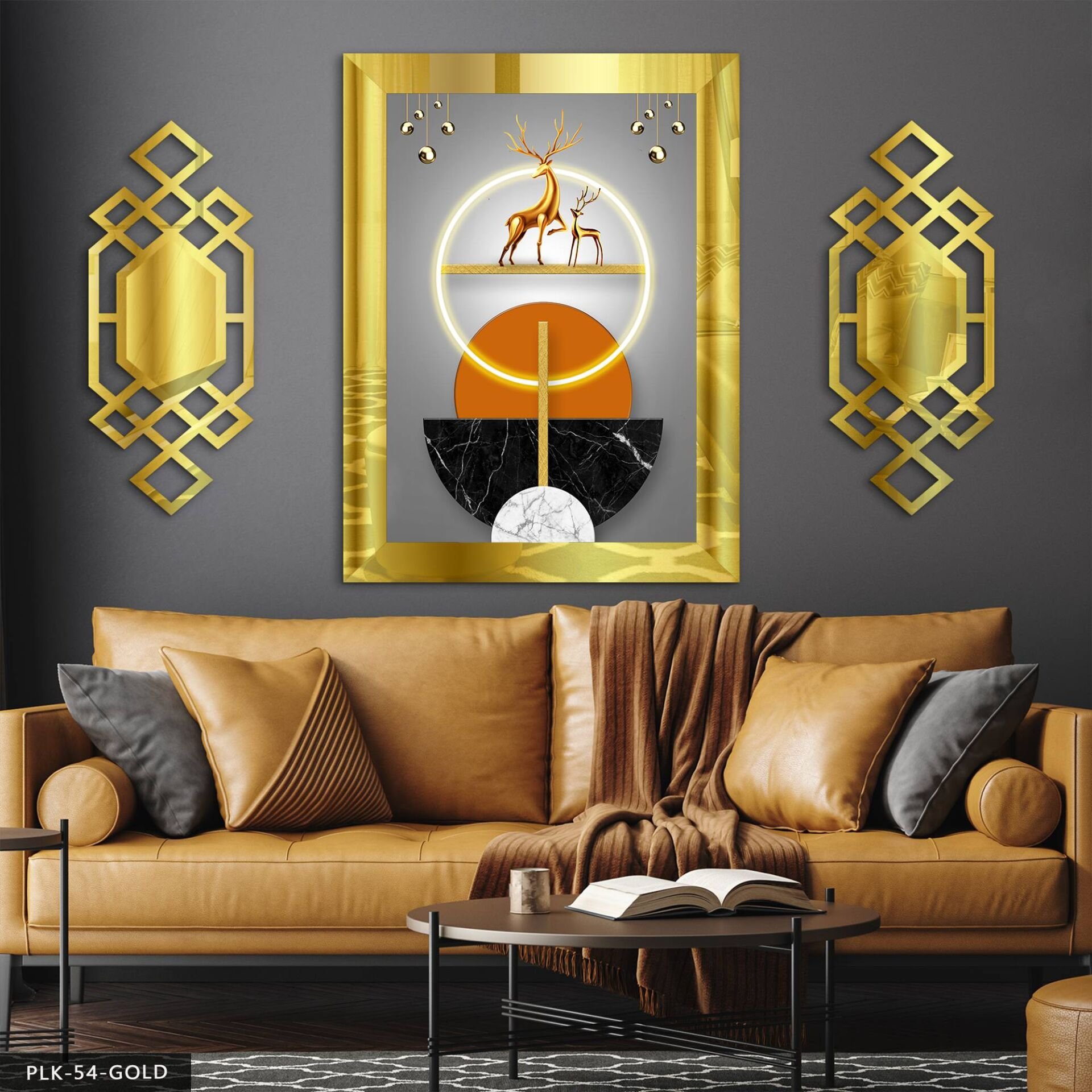 Gold Geyik ve Daireler Yan Dekorlu 3 Parça Pleksi Tablo DKRPLK Gold - 110 x 80 CM