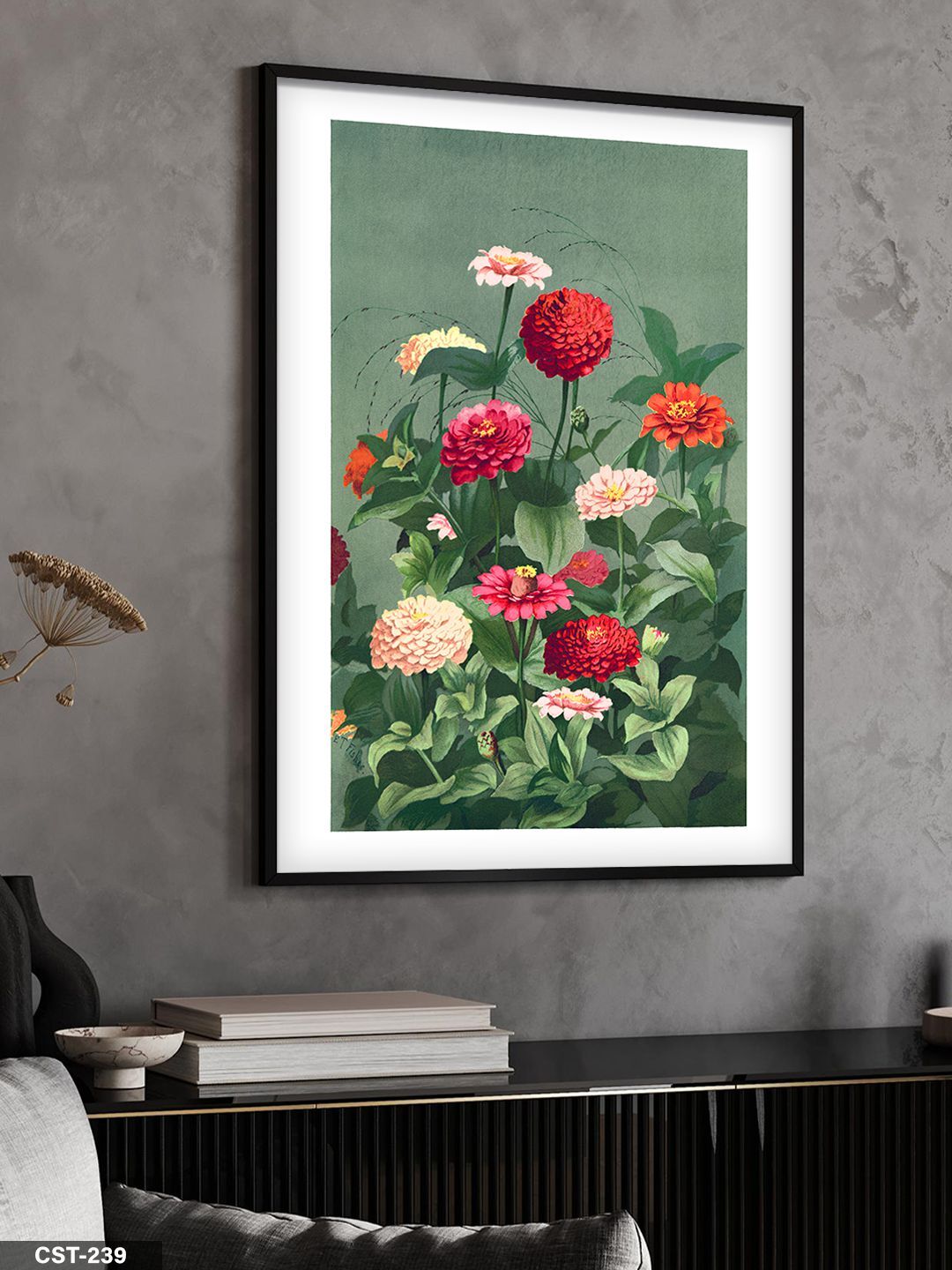 Kırmızı Çiçekli Duvar Tek Parça Ahşap Çerçeveli Tablo Siyah - 50 x 70 CM