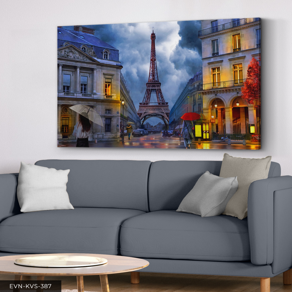 Eyfel Kulesi Sokak Manzarası Tek Parça Kanvas - Canvas Tablo 140 x 90 CM - Çok Renkli