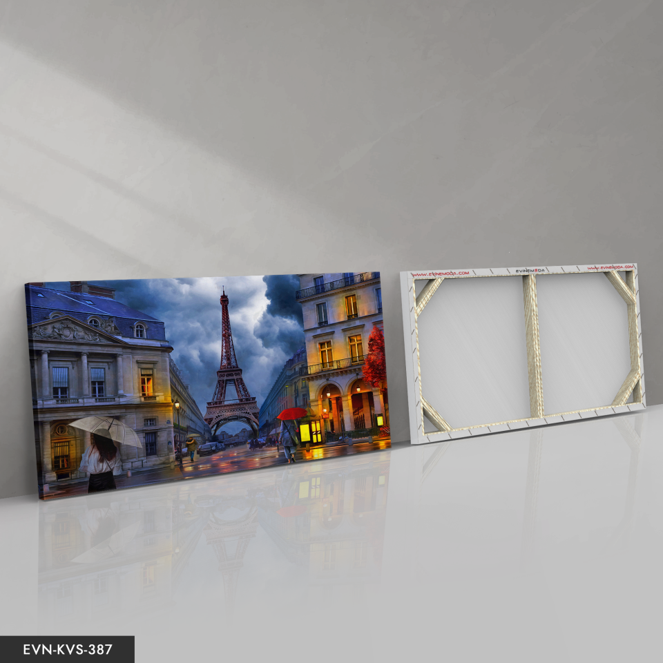 Eyfel Kulesi Sokak Manzarası Tek Parça Kanvas - Canvas Tablo 140 x 90 CM - Çok Renkli