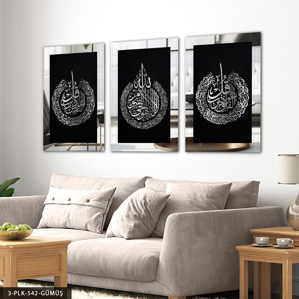 Ayetel Kürsi Felak Nas 3 Parça Pleksi Aynalı Tablo 60 x 80 CM - Gümüş