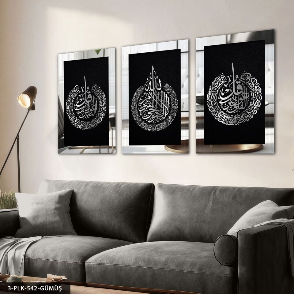 Ayetel Kürsi Felak Nas 3 Parça Pleksi Aynalı Tablo 60 x 80 CM - Gümüş
