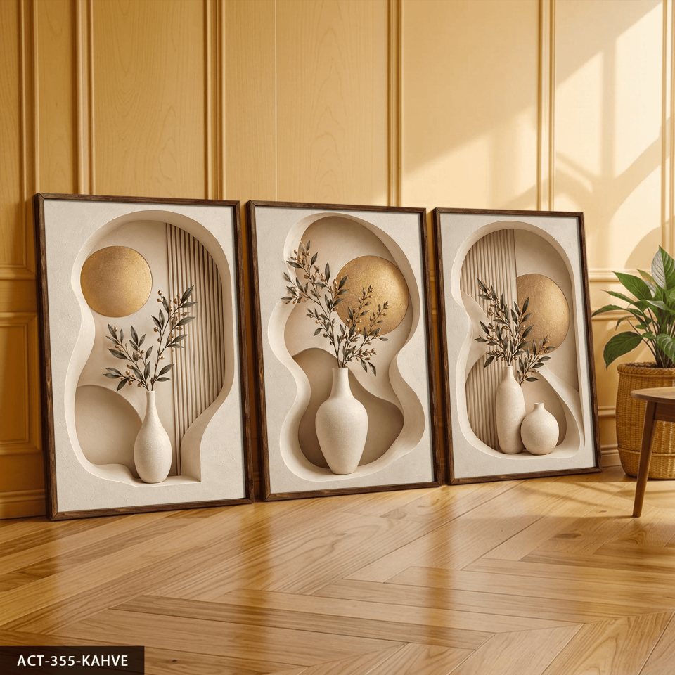 Gold Daire ve Vazoda Bitki 3 Parça Ahşap Çerçeveli Tablo ACT Kahverengi - 50 x 70 CM