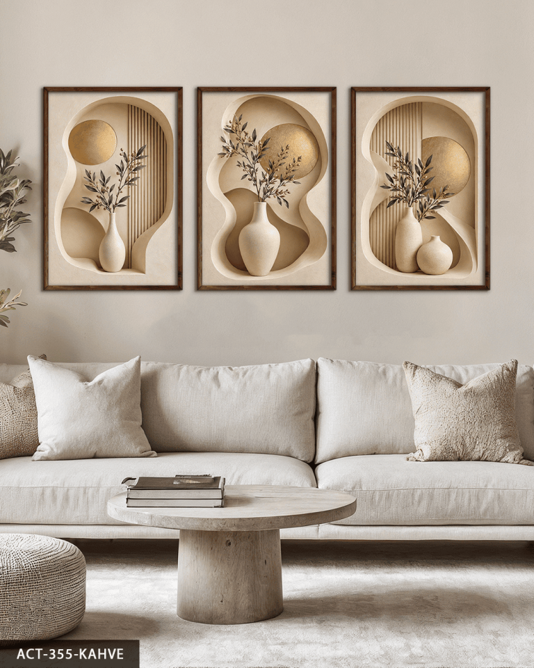 Gold Daire ve Vazoda Bitki 3 Parça Ahşap Çerçeveli Tablo ACT Kahverengi - 50 x 70 CM