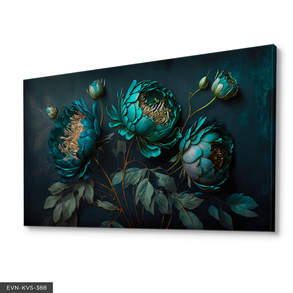 Turkuaz Çiçekler Tek Parça Kanvas - Canvas Tablo 140 x 90 CM - Çok Renkli