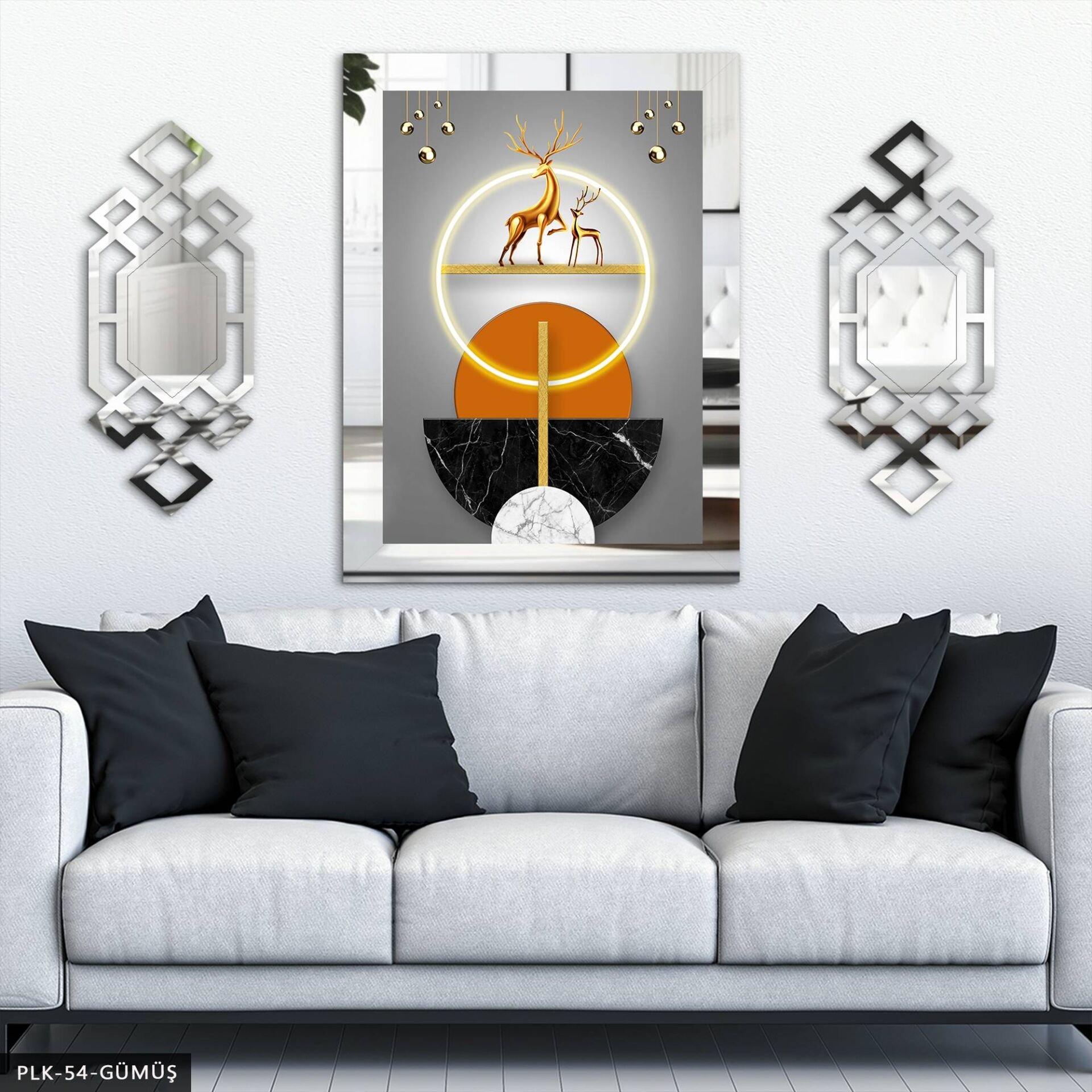 Gold Geyik ve Daireler Yan Dekorlu 3 Parça Pleksi Tablo DKRPLK Gümüş - 110 x 80 CM
