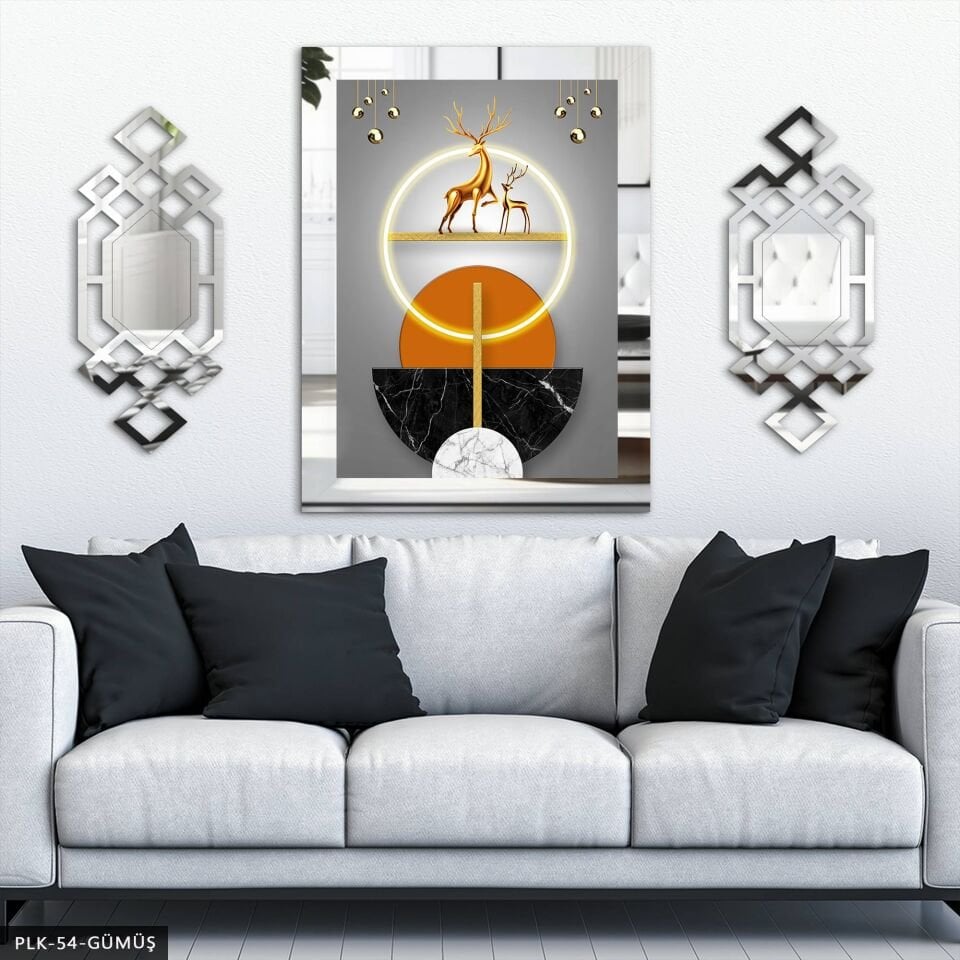 Gold Geyik ve Daireler Yan Dekorlu 3 Parça Pleksi Tablo DKRPLK Gümüş - 110 x 80 CM