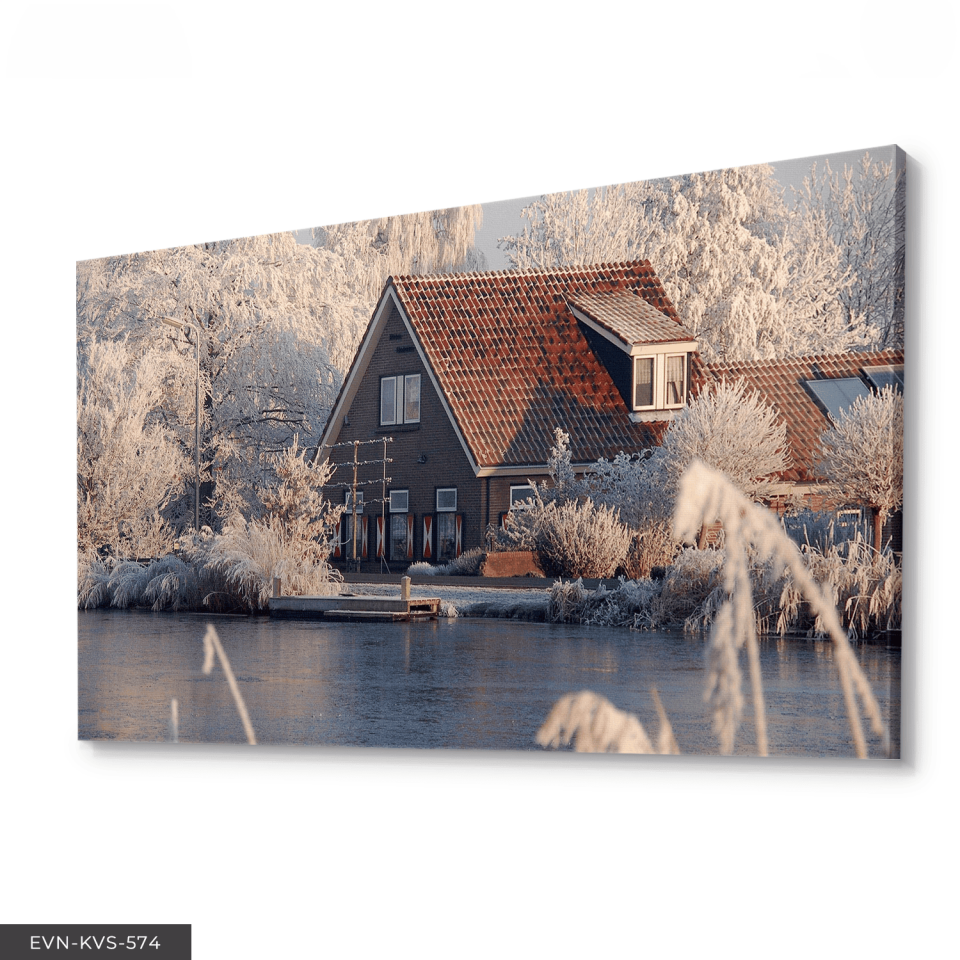 Göl Kenarında Ev Tek Parça Kanvas - Canvas Tablo 65 x 45 CM - Çok Renkli