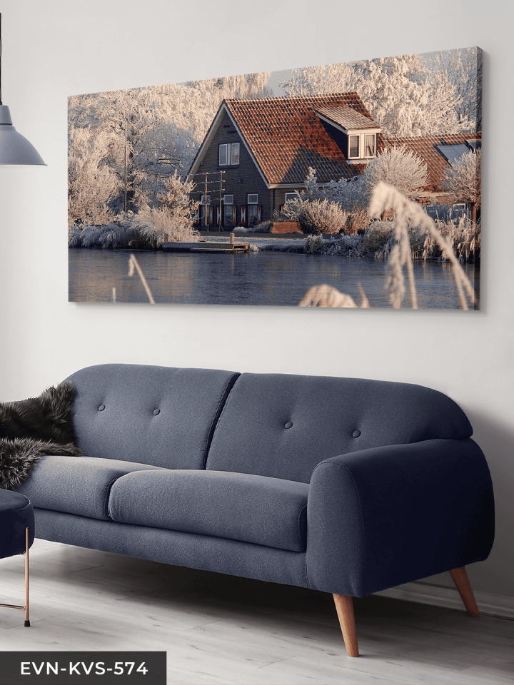 Göl Kenarında Ev Tek Parça Kanvas - Canvas Tablo 65 x 45 CM - Çok Renkli