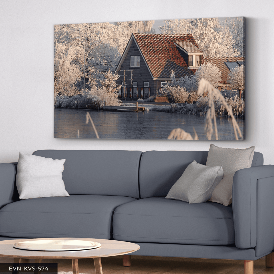 Göl Kenarında Ev Tek Parça Kanvas - Canvas Tablo 65 x 45 CM - Çok Renkli