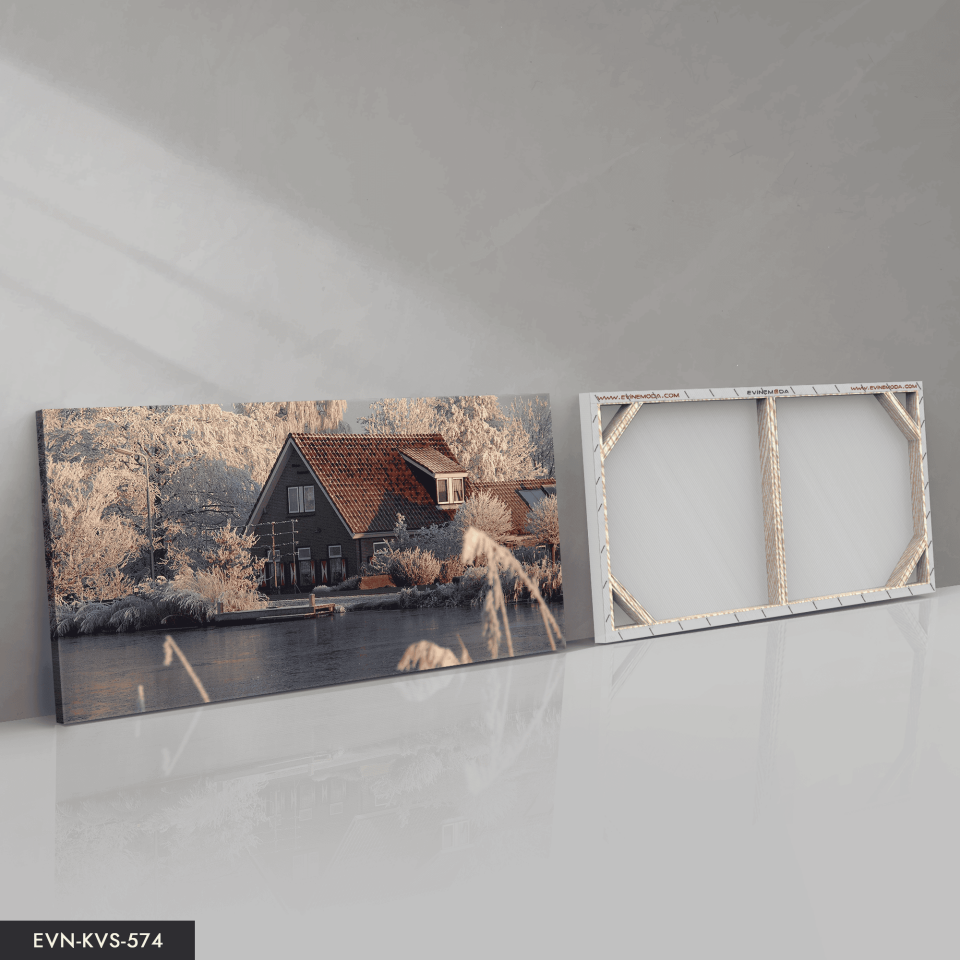 Göl Kenarında Ev Tek Parça Kanvas - Canvas Tablo 65 x 45 CM - Çok Renkli